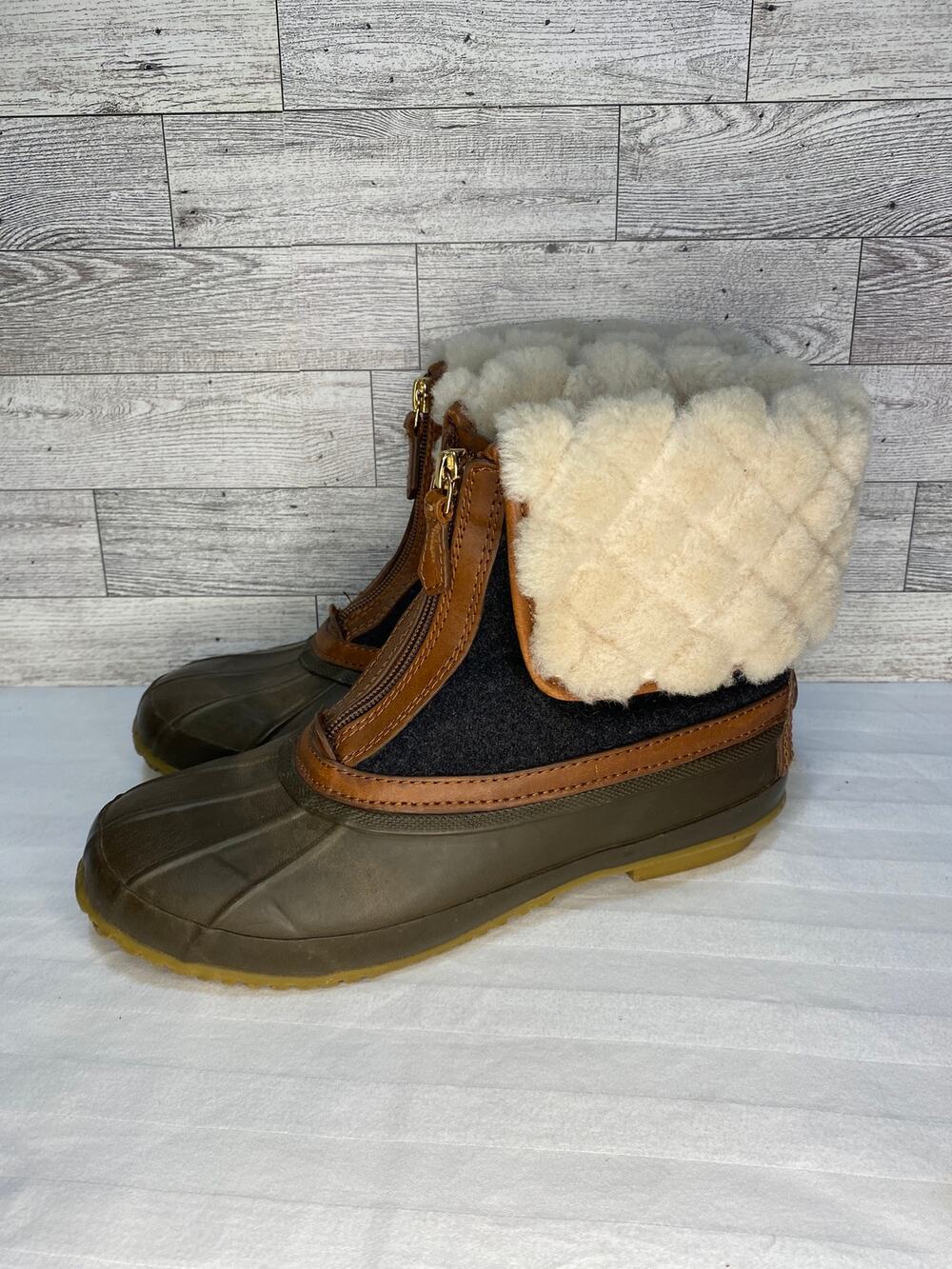 Tory Burch Abbott Duck Boots Womens 8 SHEARLING QUILTED WINTER Zip Front
